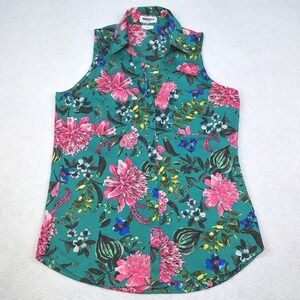 Express Portofino Shirt Womens Small Teal Green Pink Floral Sleeveless Slim Top